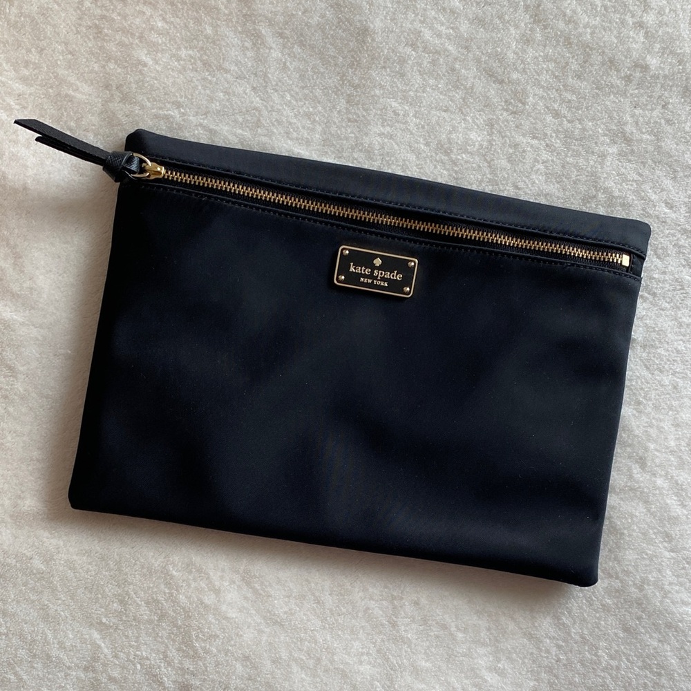 Like New Kate Spade Large Drewe Pouch Blk W/Gold Sz. 10.25” x 7.25” Gorgeous! - Picture 3 of 12